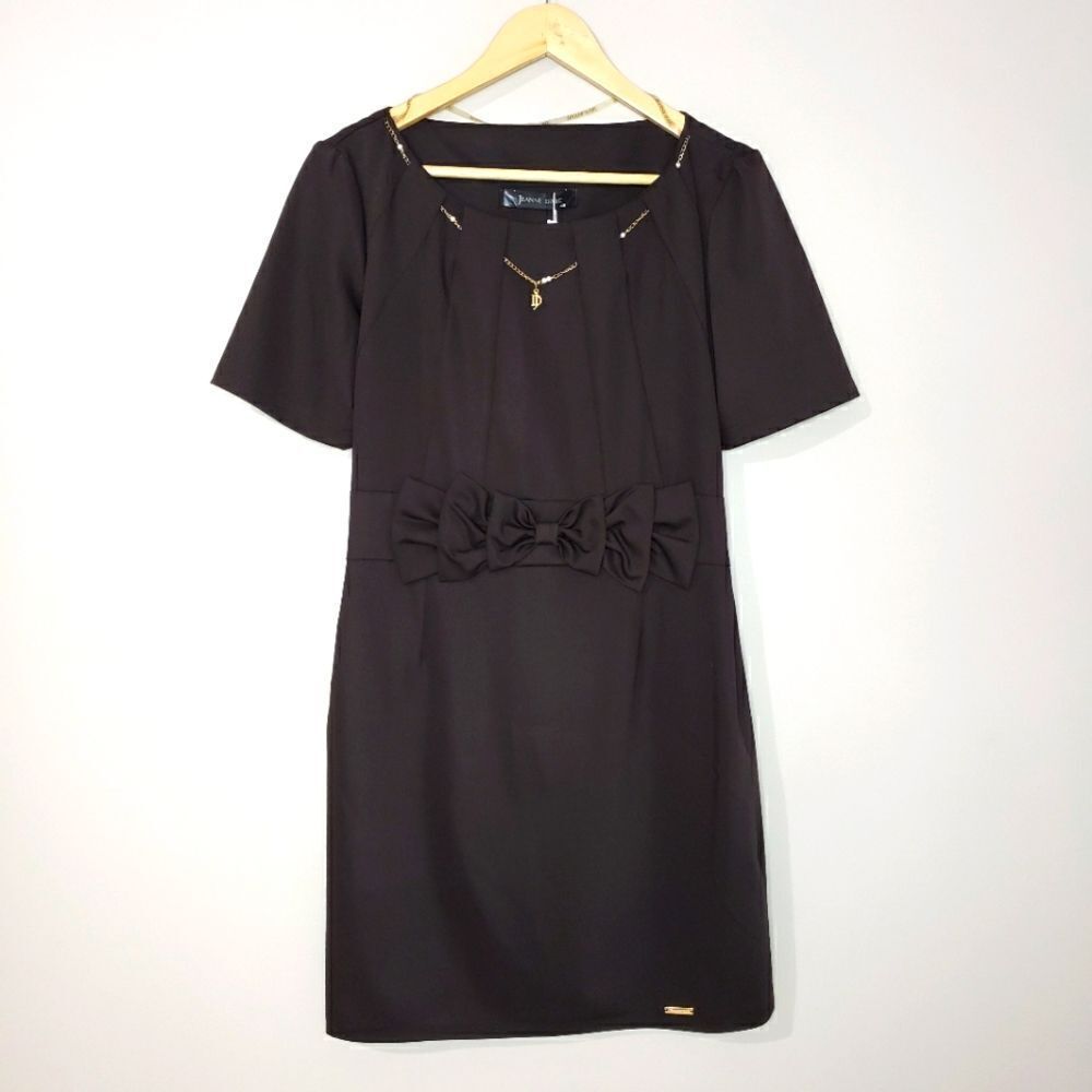 Jeanne D'arc NWT Medium Dark Brown Short Sleeve Scoop Neck Dress with Bow